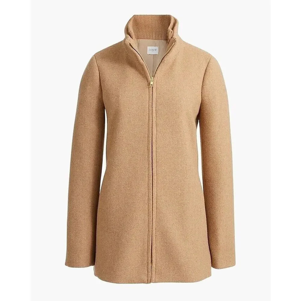 J. Crew Factory Village Coat Tan Size 2 Full Zip Wool Blend #AB457 Women’s